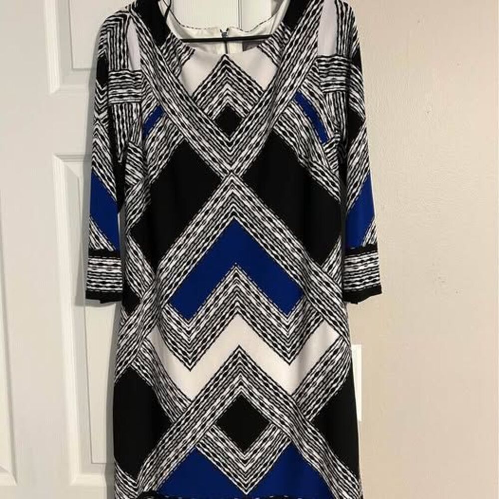 Vince Camuto Women’s Size 10 Geometric Shift Dress Black White Blue 3/4 Sleeve